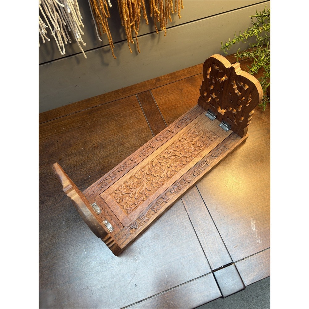 Vtg Hand Carved Wooden Foldable Sliding Rack Book Stand Holder